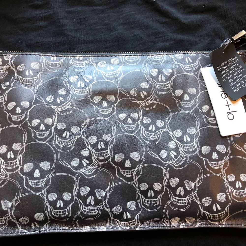 SHE + LO BLACK LEATHER SKULL FLAT CLUTCH NWT
